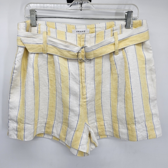 FRAME Women's butter Yellow Haze Striped Belted Linen Breathable  Shorts Size 12 - Picture 1 of 10